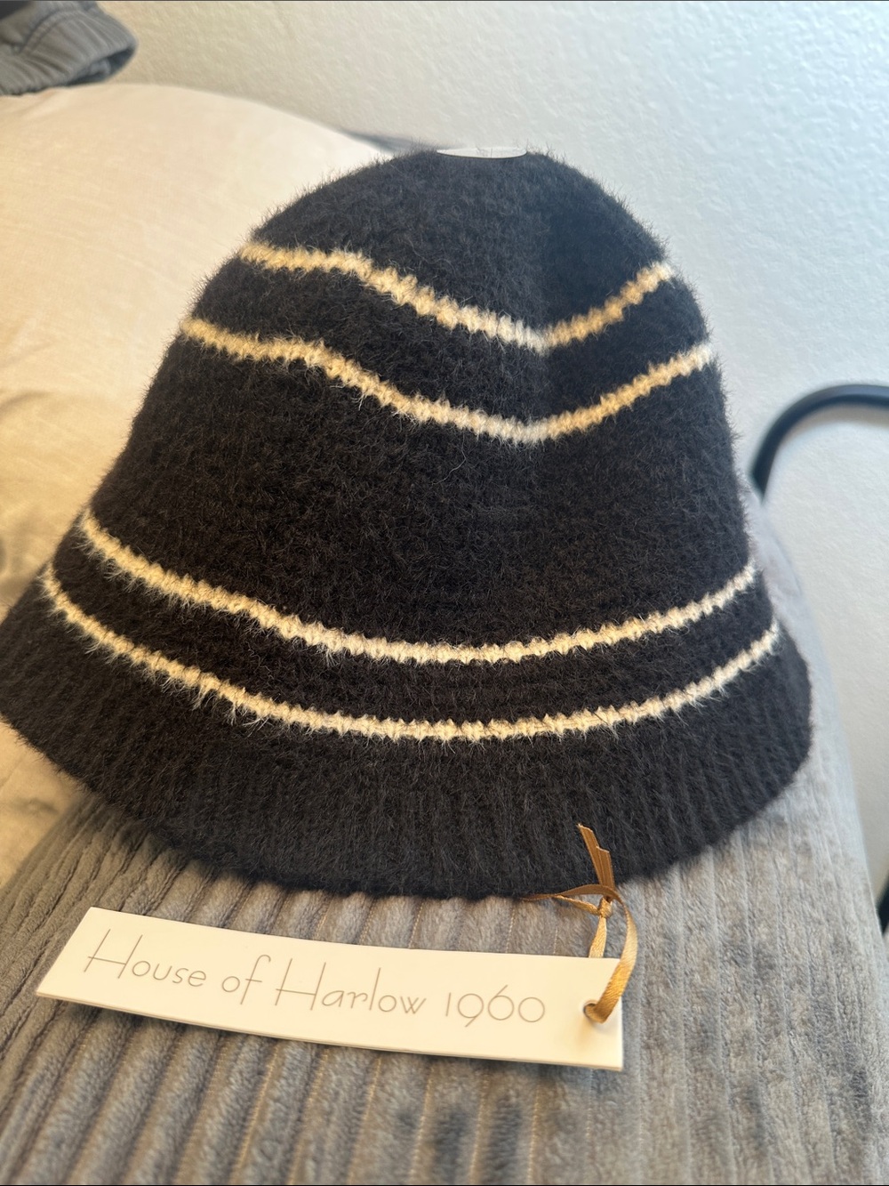 House of Harlow 1960 Black Bucket Hat with Cream Stripes